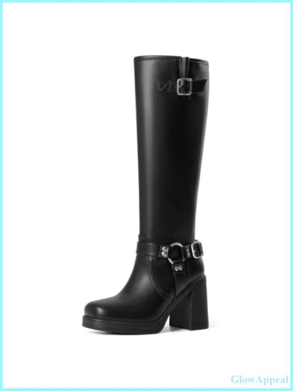 Knee High Boots Women Square Toe Block Heel Zip Buckle PU Leather Boots